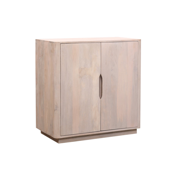 Wooden Brenton sideboard in Olive Wash with two doors on a white background on an angle doors closed