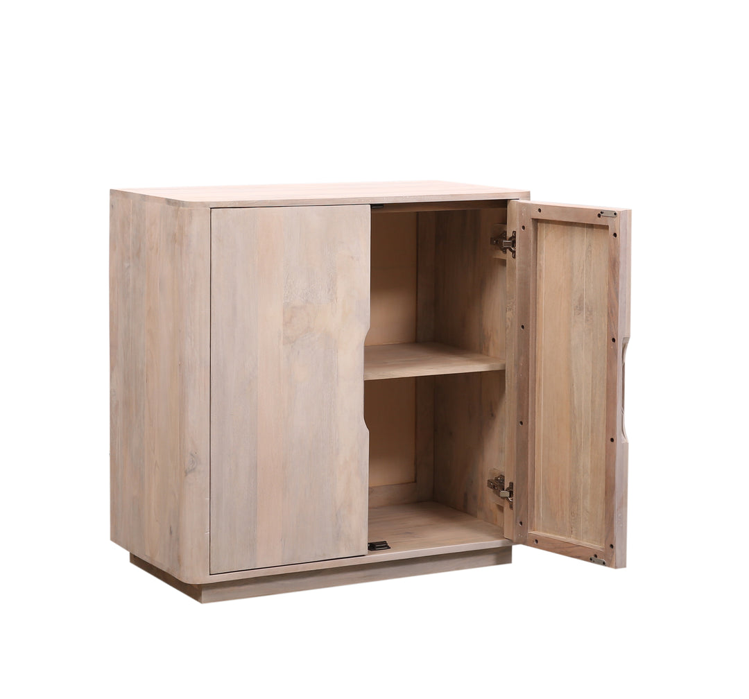 Wooden Brenton sideboard in Olive Wash with two doors on a an angle with one cabinet door open