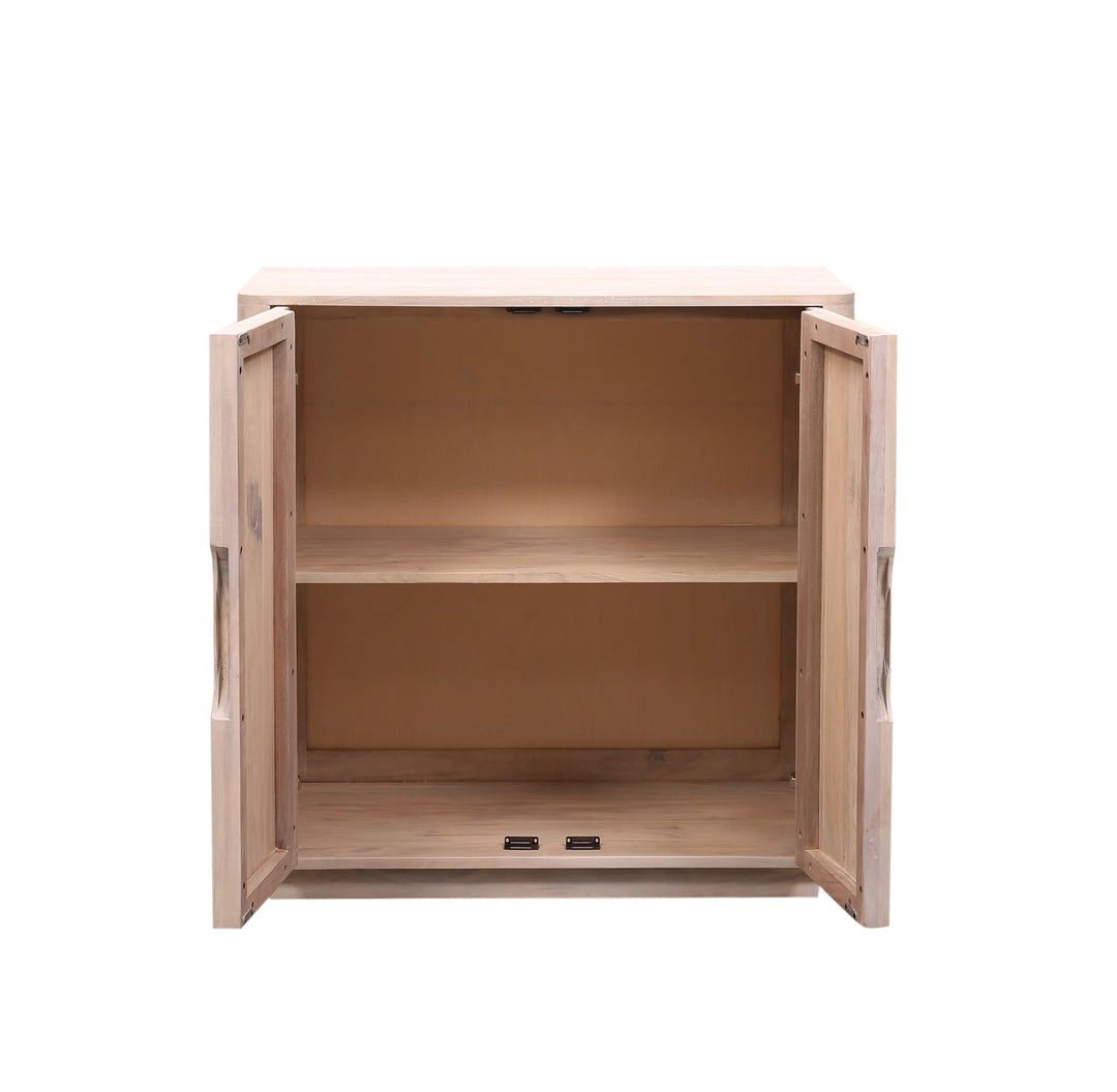 Wooden Brenton sideboard in Olive Wash with two doors on a white background front facing booth doors open