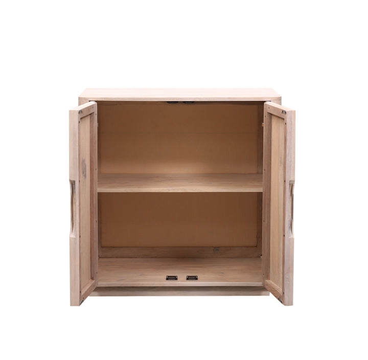 Wooden Brenton sideboard in Olive Wash with two doors on a white background front facing booth doors open