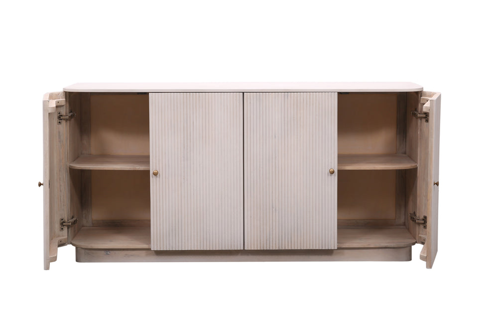 Beige Mulholland 4-Door Media Console with two doors opened on a white background