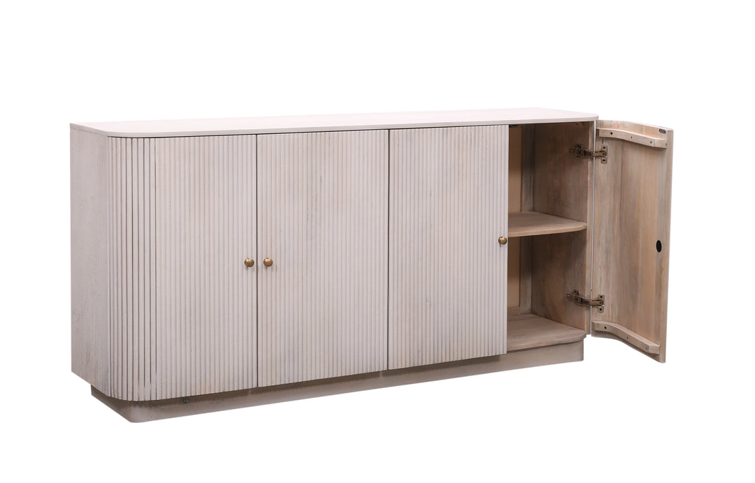 Beige Mulholland 4-Door Media Console seen from the side with one door opened on a white background