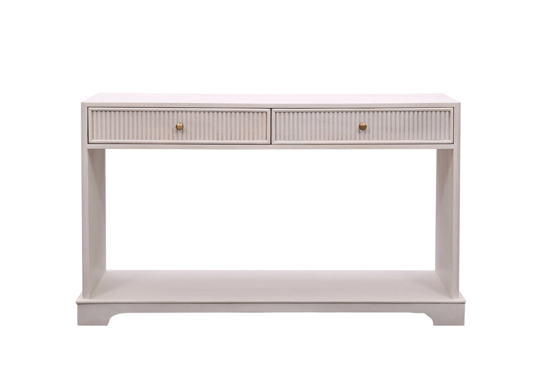 Beige Wooden Genevieve Reeded Console Table with two drawers seen from the front on a white background