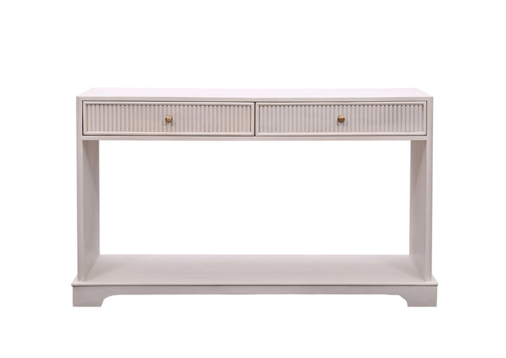 Beige Wooden Genevieve Reeded Console Table with two drawers seen from the front on a white background