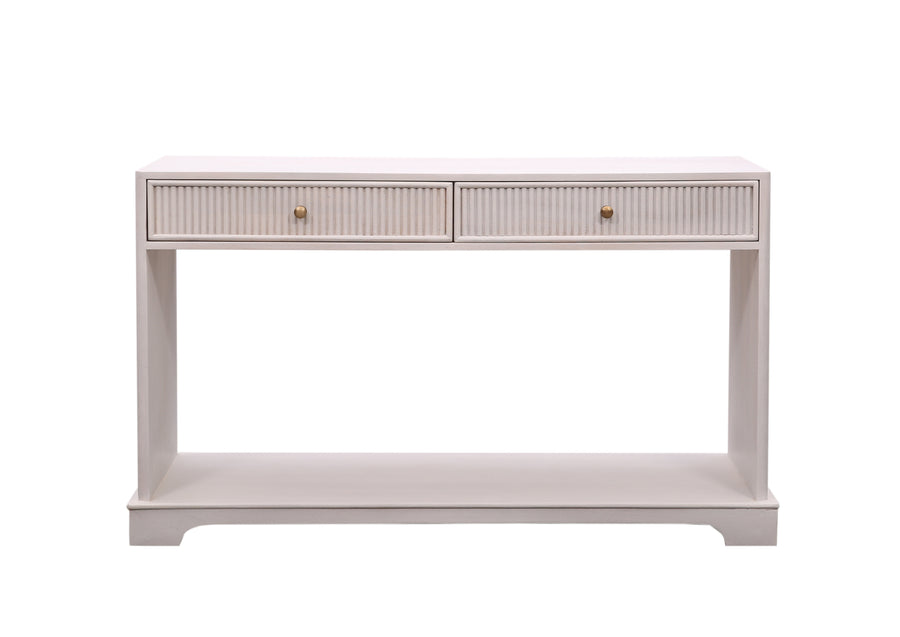 Beige Wooden Genevieve Reeded Console Table with two drawers seen from the front on a white background