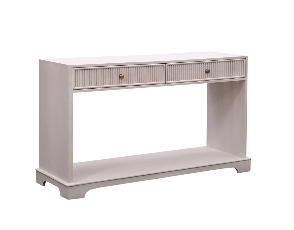 Beige Wooden Genevieve Reeded Console Table with two drawers with a complete view on a white background