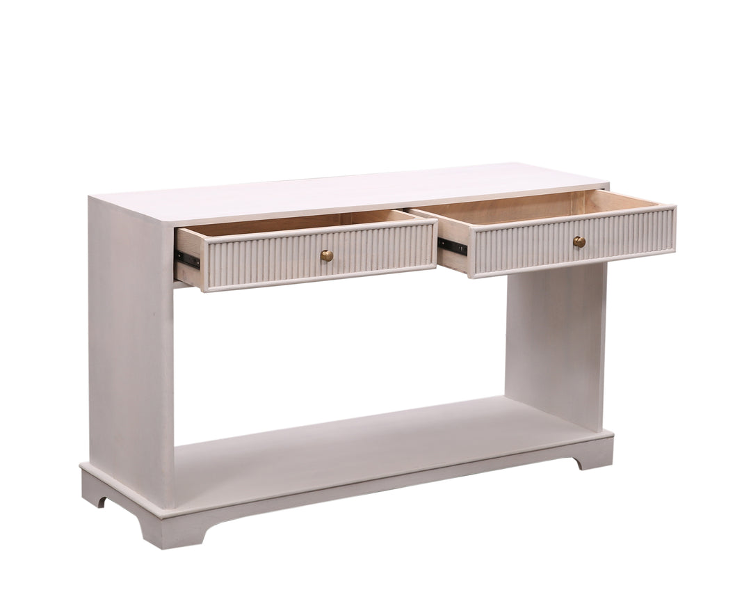 Beige Wooden Genevieve Reeded Console Table with all drawers opened on a white background