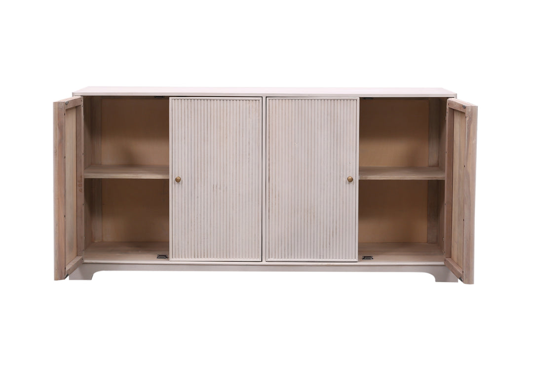 Genevieve four door sideboard beige with gold handles on a white background with two doors open