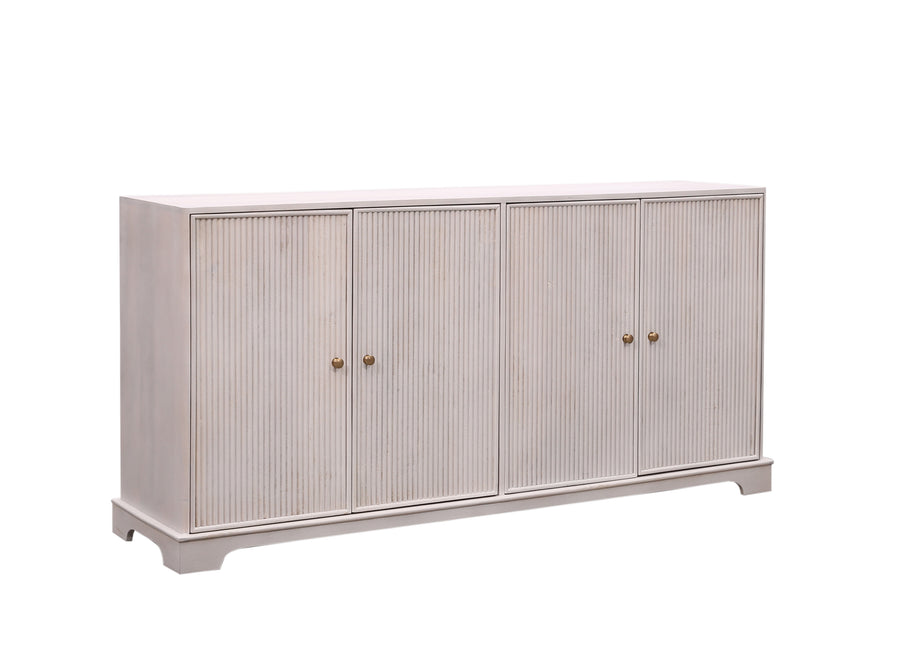 Genevieve four door sideboard beige with gold handles on a white background on an angle