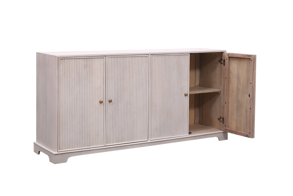 Genevieve four door sideboard beige with gold handles on a white background on an angle with a door open