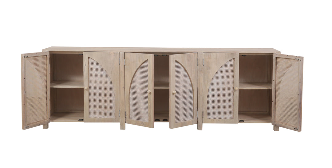 Beige Tilda 6-Door Sideboard with all doors opened on a white background