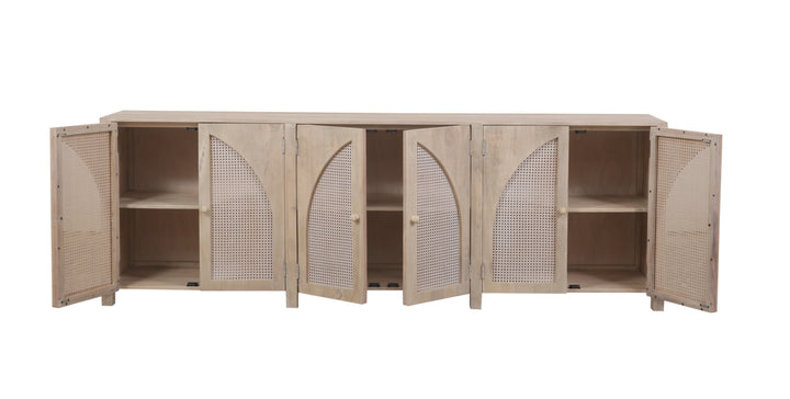 Beige Tilda 6-Door Sideboard with all doors opened on a white background