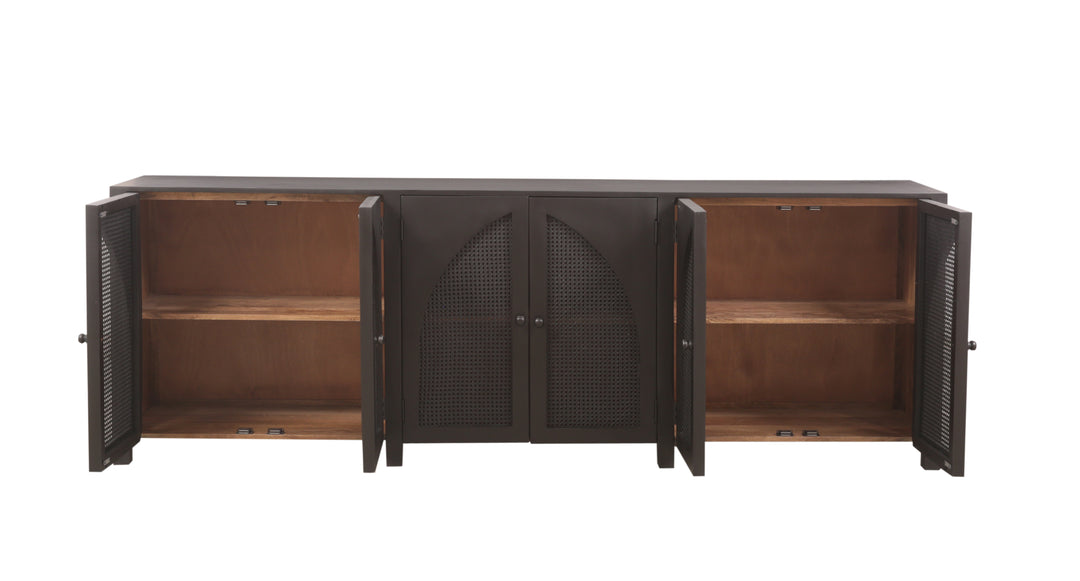 Black Tilda 6-Door Sideboard with doors opened on a white background