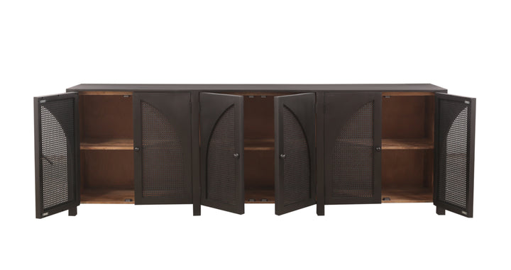 Black Tilda 6-Door Sideboard with all doors opened on a white background