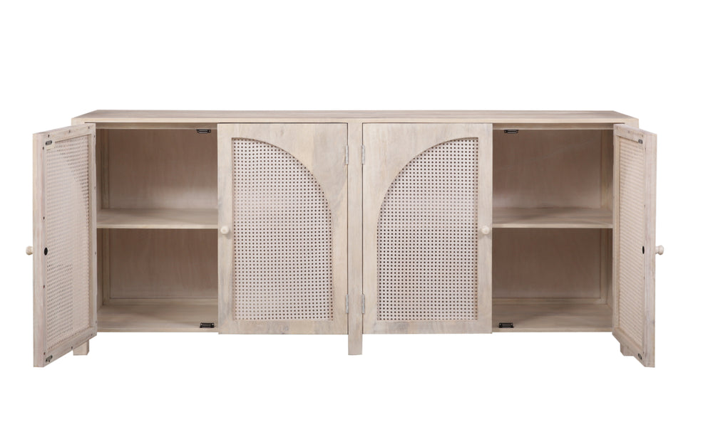 Olive Wash Tilda Sideboard with opened cabinets on a white background