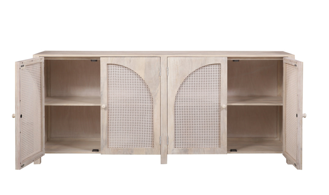 Olive Wash Tilda Sideboard with opened cabinets on a white background