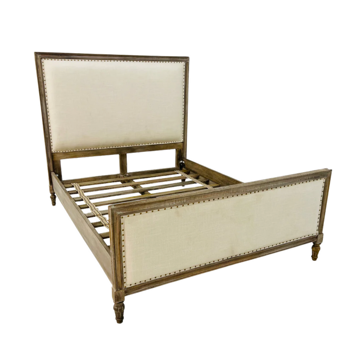 The Fox & Roe Maison Panel Bed in Sandblast Salvage Grey Finish & Milano Cream Fabric