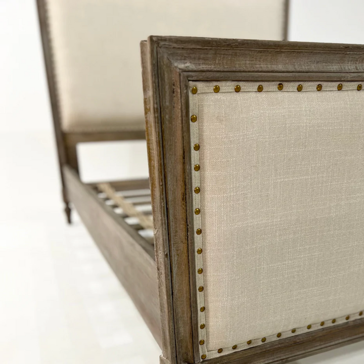 The Fox & Roe Maison Panel Bed in Sandblast Salvage Grey Finish & Milano Cream Fabric