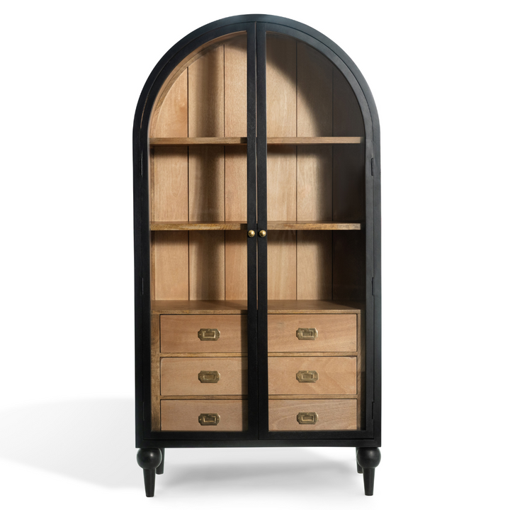 The Fox & Roe Fern Glass Cabinet with Drawer Storage in Washed Black & Walnut Finish