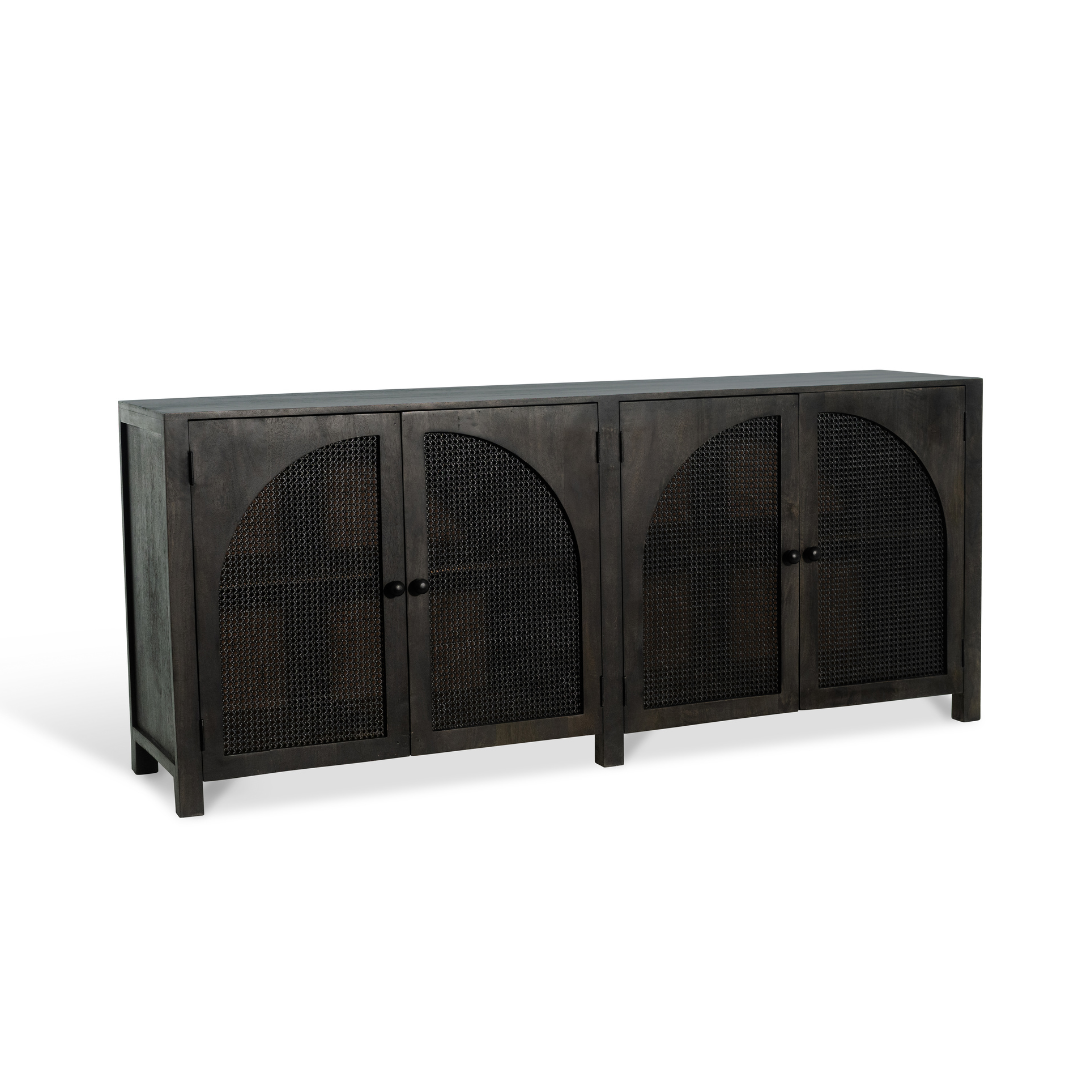 The Tilda Sideboard in Washed Black Finish and Rattan Doors
