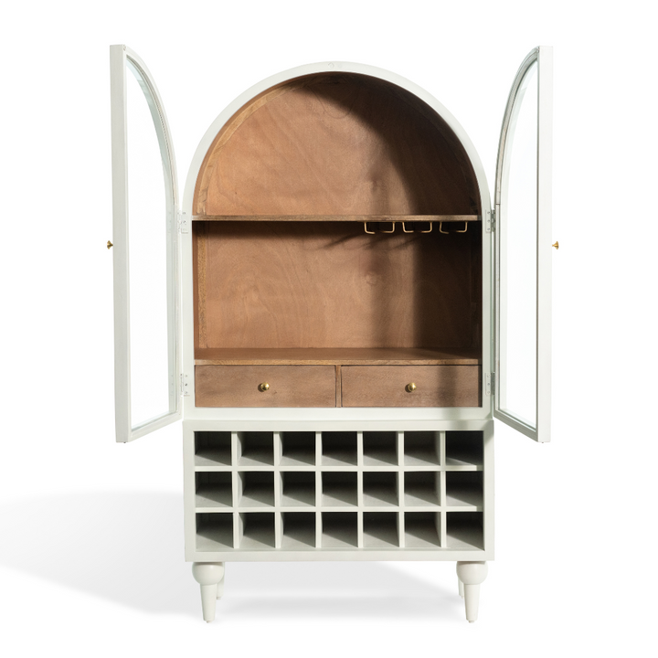The Fox & Roe Fern Bar Cabinet with Drawer Storage in Pale Blue & Walnut Finish