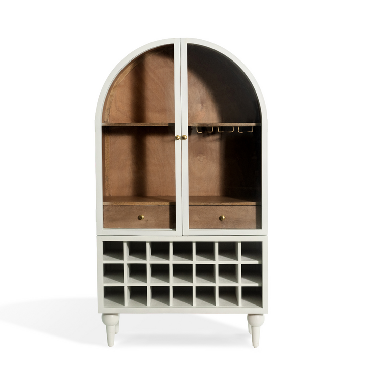 The Fox & Roe Fern Bar Cabinet with Drawer Storage in Pale Blue & Walnut Finish