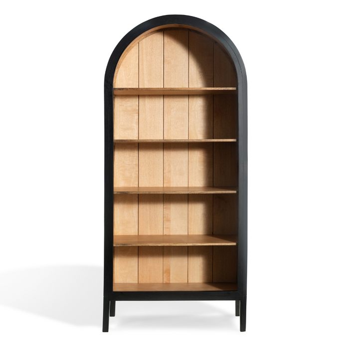 The Fox & Roe Hattie Open Bookcase in Washed Black and Walnut Finish