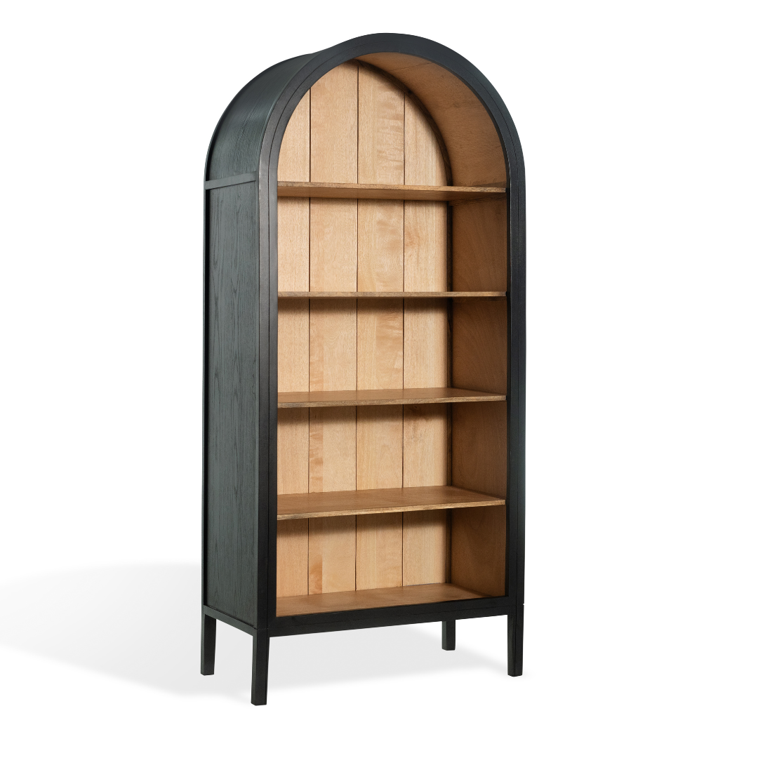 The Fox & Roe Hattie Open Bookcase in Washed Black and Walnut Finish