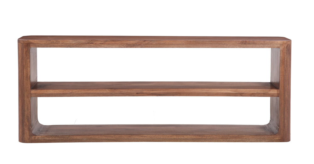 Brown Finish Oslo Sofa Back Console Table with shelf on white background