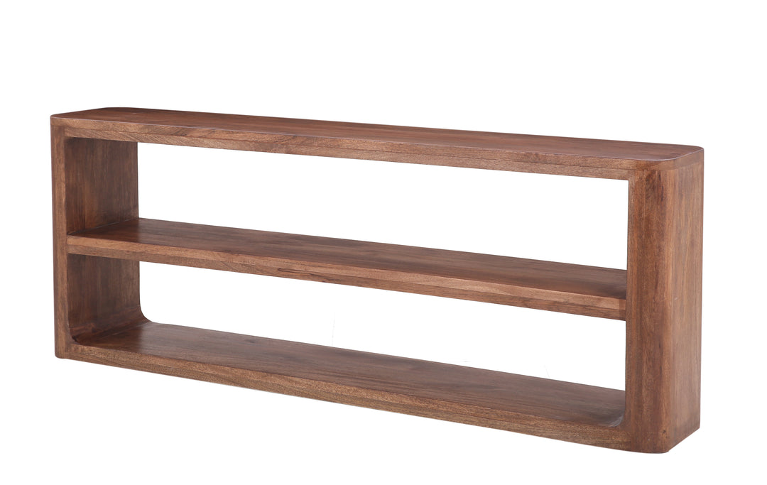 Brown Finish Oslo Sofa Back Console Table with shelf seen from side on white background