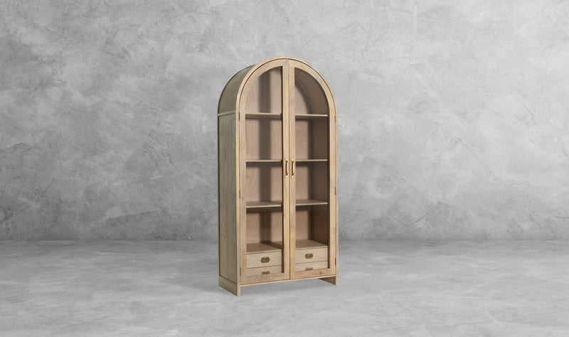 The Fox & Roe Elsa Glass Cabinet with Drawer Storage in Olive Wash & Beige Finishes