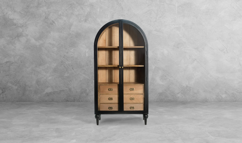 The Fox & Roe Fern Glass Cabinet with Drawer Storage in Black Wash & Natural Finishes