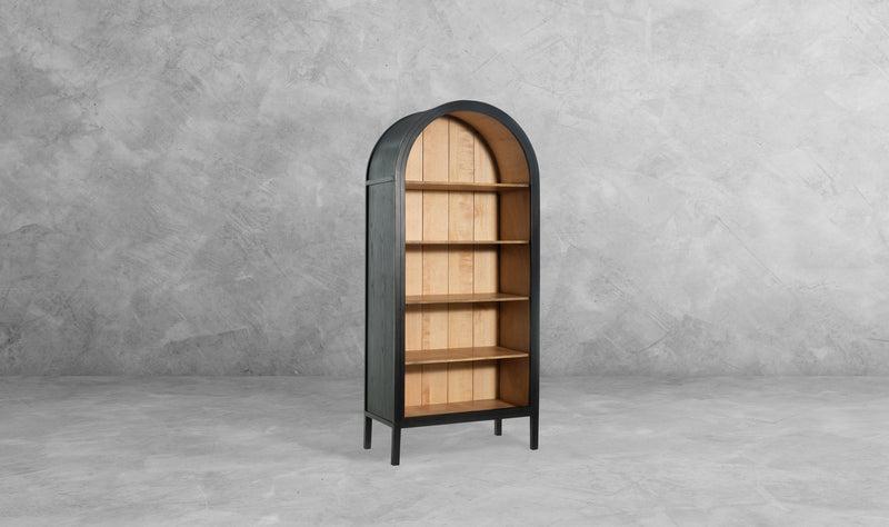 The Fox & Roe Hattie Open Bookcase in Sandblasted Black and Walnut Finishes
