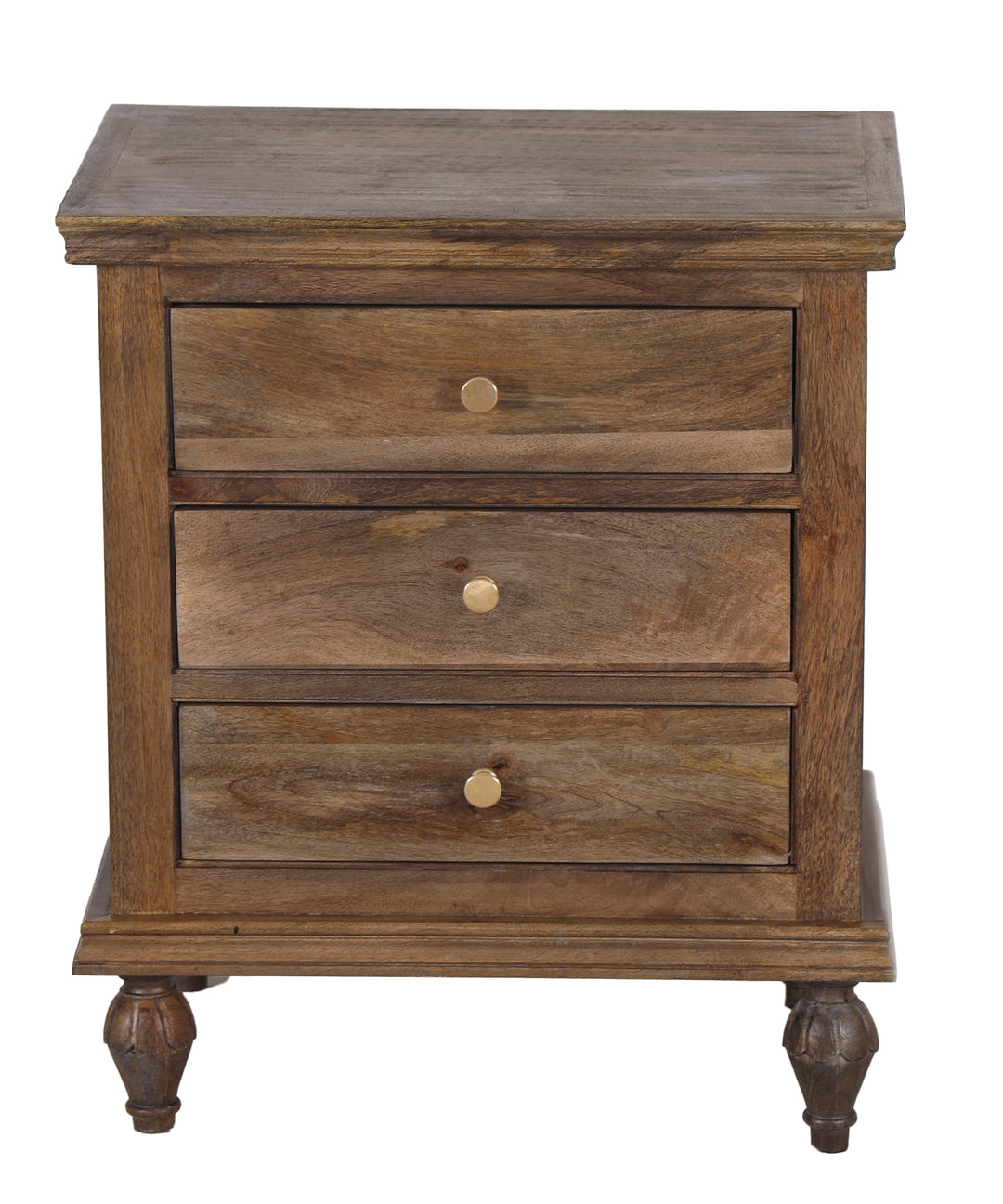 Brown wooden nightstand with three drawers and gold hardware on a white background 24"