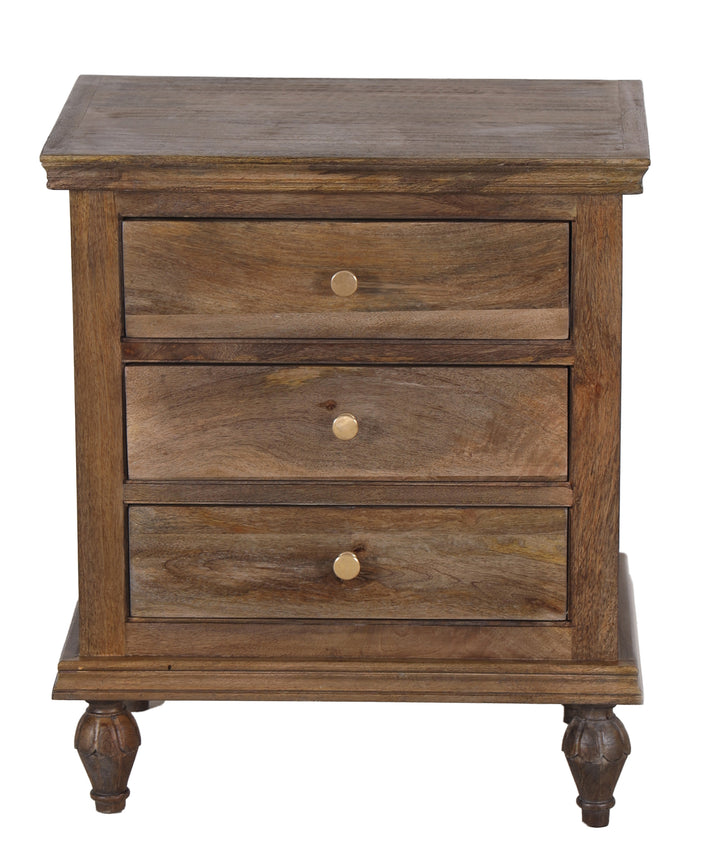 Brown wooden nightstand with three drawers and gold hardware on a white background 24"