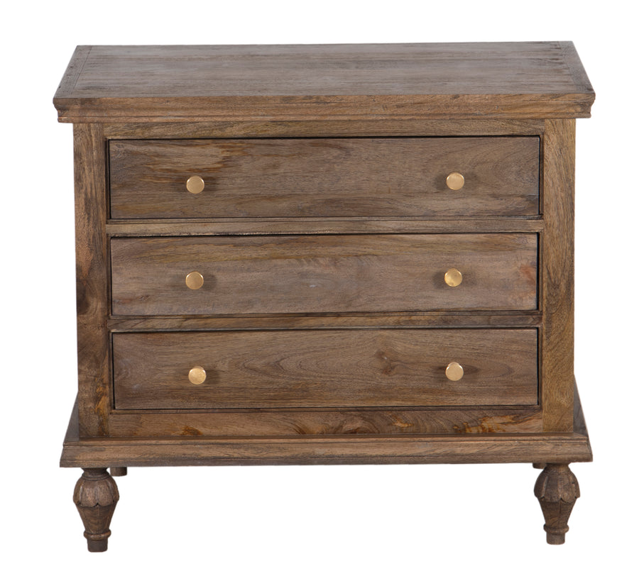 Brown wooden nightstand with three drawers and golden hardware on a white background