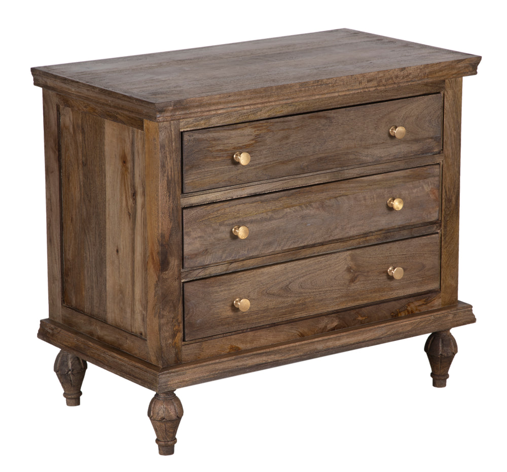 Brown wooden nightstand with three drawers and golden hardware on an angle on a white background