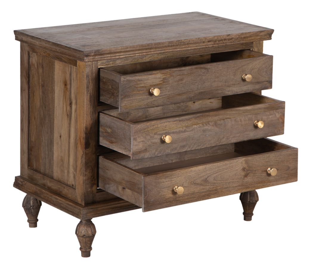 Brown wooden nightstand with three drawers and golden hardware on an angle drawers open on a white background