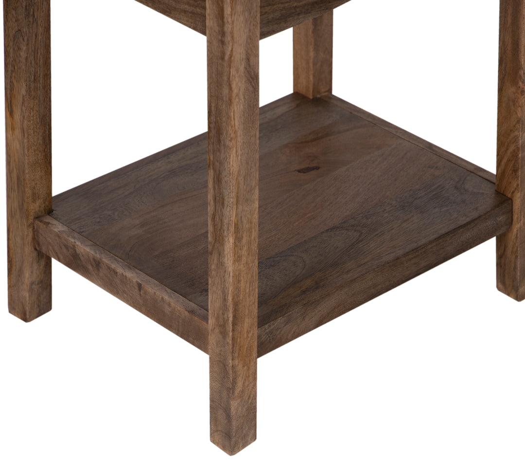 Brown Amara Side Table with Drawer legs and base view on white background