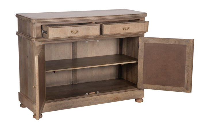 Brown Wooden Cynthia Buffet with all drawers and cabinets opened on a white background