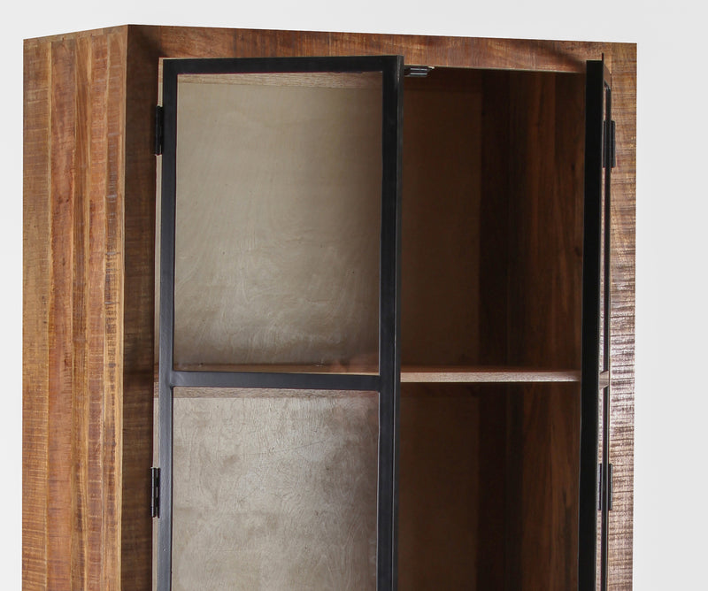 The Cleveland Wood & Iron Glass 2 Door Vitrine Display Cabinet in Natural Finish & Black Iron