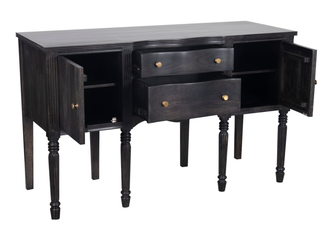 Charcoal Ella Buffet with all drawers and cabinets opened on a white background
