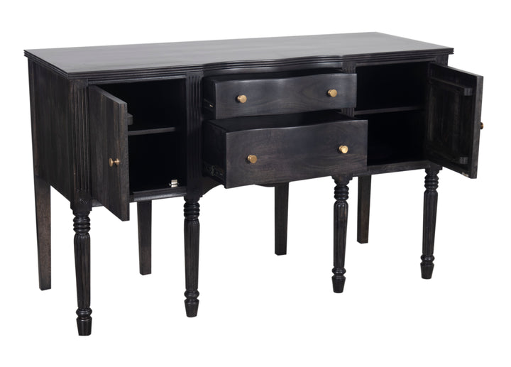 Charcoal Ella Buffet with all drawers and cabinets opened on a white background
