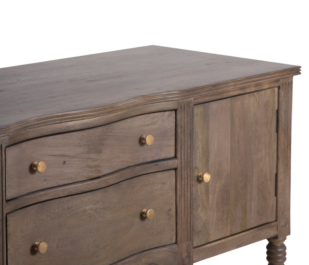 Brown Ella Buffet with a closeup view of drawers, cabinet and top on a white background