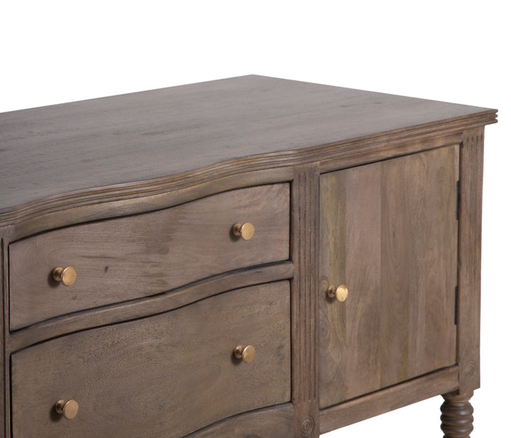 Brown Ella Buffet with a closeup view of drawers, cabinet and top on a white background