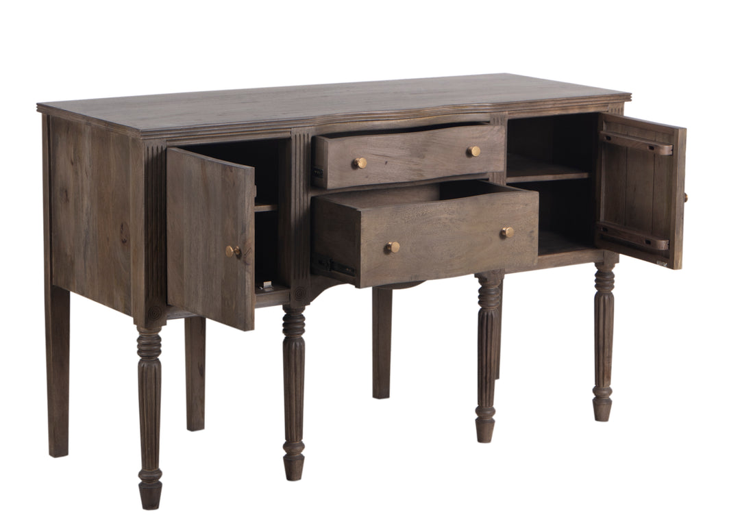 Brown Ella Buffet with all drawers and cabinets opened on a white background