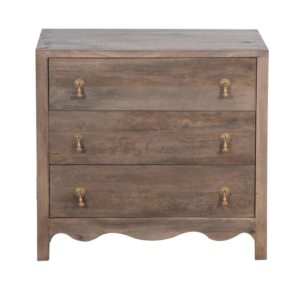 Brown Wooden Eleanor Chest with three drawers seen from the front on a white background