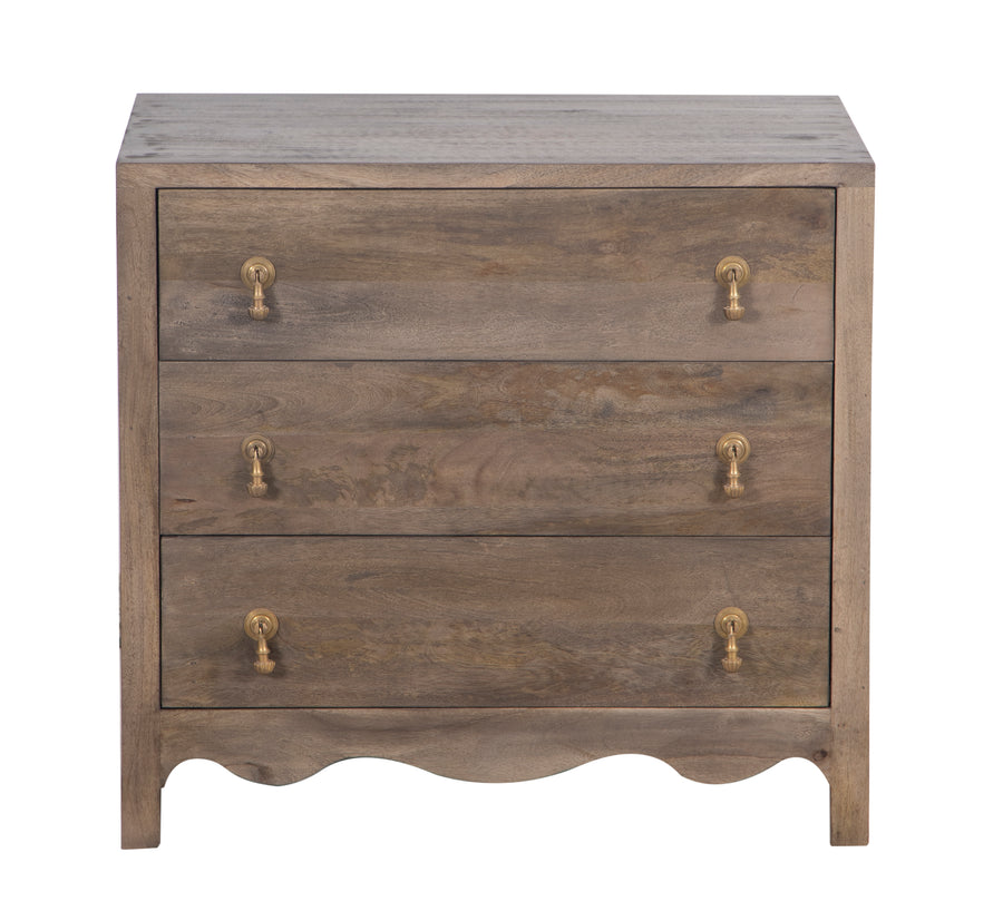 Brown Wooden Eleanor Chest with three drawers seen from the front on a white background