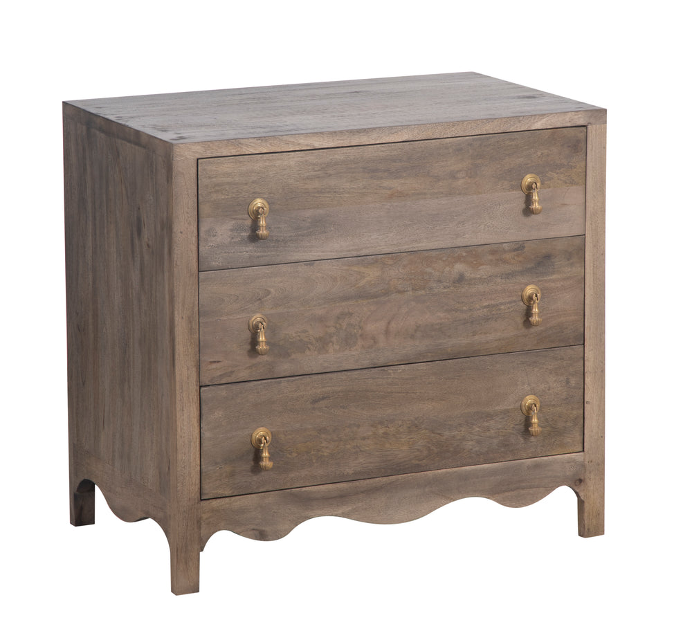 Brown Wooden Eleanor Chest with three drawers seen from the front on a white background