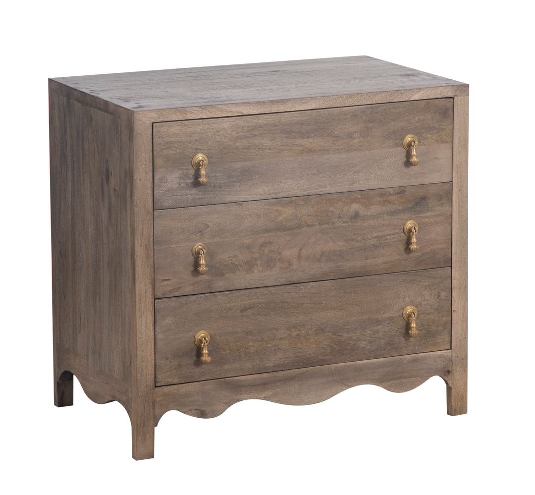Brown Wooden Eleanor Chest with three drawers seen from the front on a white background